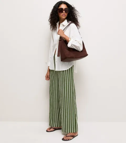 Women's Green Striped Drawstring Wide Leg Trousers