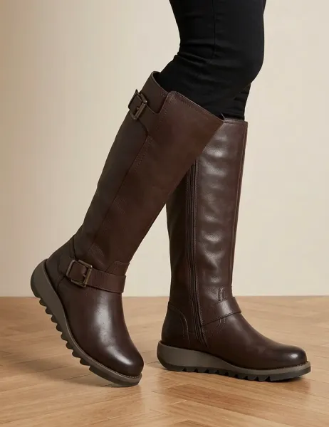 Jones Bootmaker Leather Buckle Wedge Knee High Boots Brown