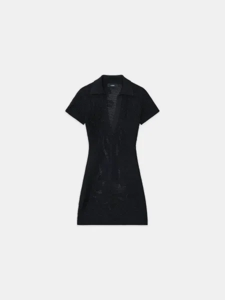 WOMEN - WOMEN'S FLORAL CROCHET POLO MINI DRESS - Black