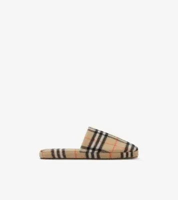 Check Wool Blend Slippers in Sand beige