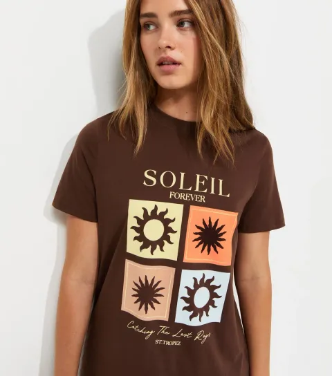 Women's Dark Brown Cotton Soleil Sun Print Crew Neck T-Shirt