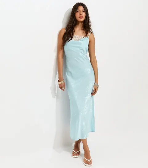 Women's Light Blue Lace Trim Floral Jacquard Strappy Midi Dress