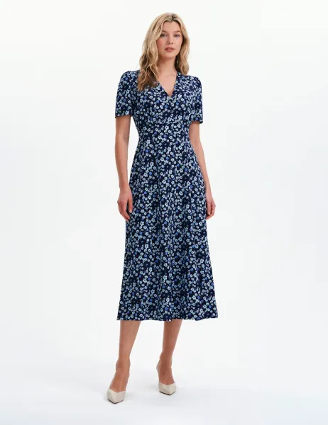Finery London Floral V-Neck Midi Waisted Dress Blue Mix