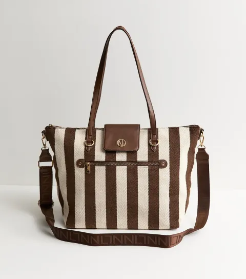 Dark Brown Striped Canvas Faux Leather Trimmed Tote Bag