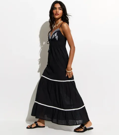 Women's Black Embroidered Cotton Beach Maxi Dress