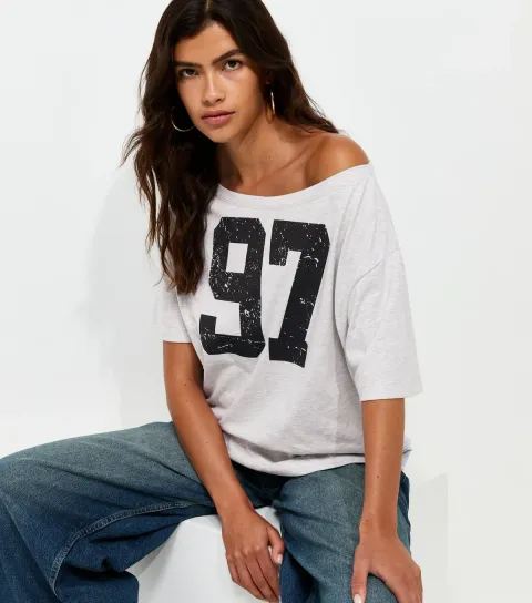 Women's Grey Marl Cotton Rich 97 Off The Shoulder T-Shirt
