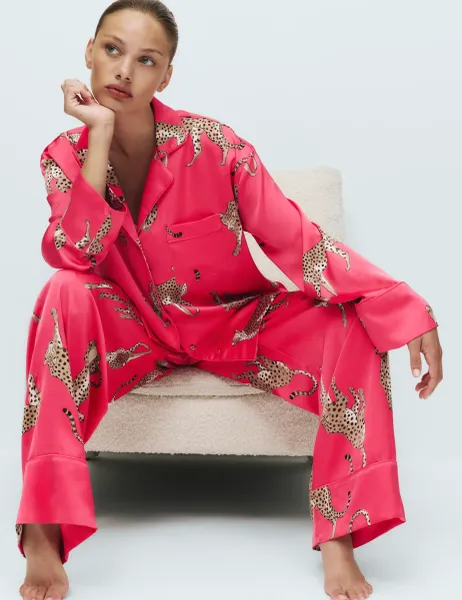 Marks & Spencer Dream Satin Animal Print Revere Pyjama Set Pink Mix