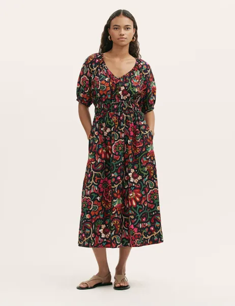 Finery London Floral V-Neck Midi Waisted Dress Black Mix