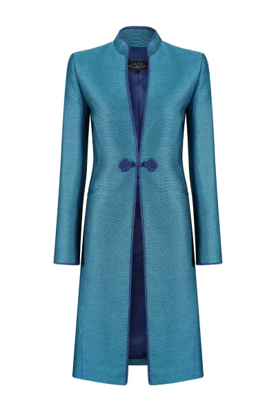 Jade Blue Plain Brocade Coat - Vicky