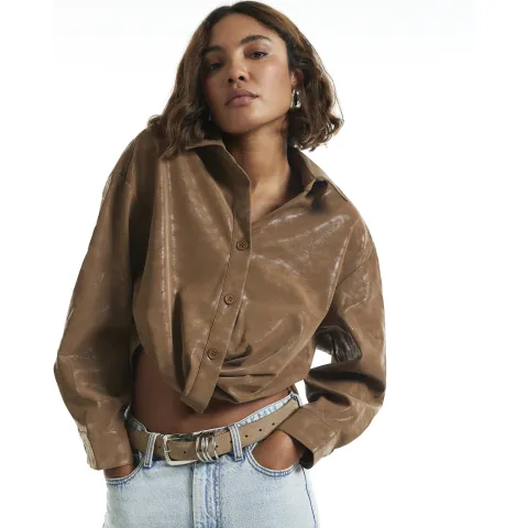 River Island Faux Leather Hammered Twist Front Shirt