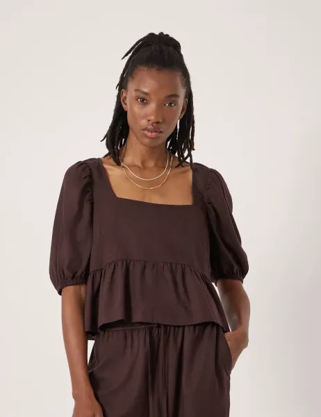 HUSH Linen Rich Square Neck Puff Sleeve Beach Top
