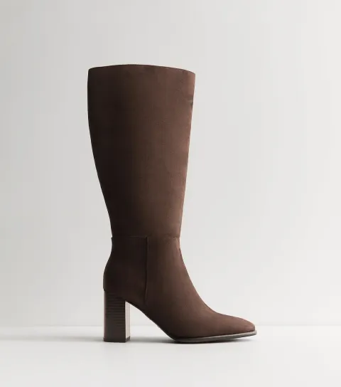 Women's Brown Faux Suede Stacked Heel Knee High Boots Vegan