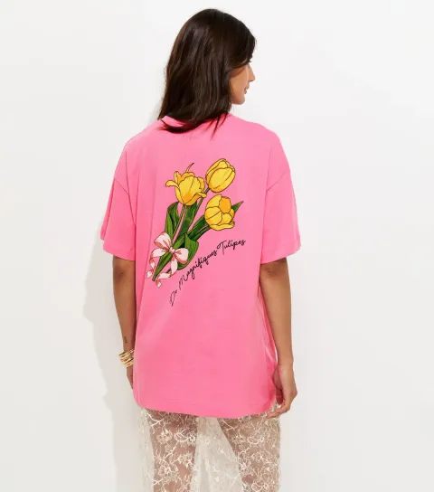 Women's Bright Pink Cotton Tulip Print Oversized T-Shirt