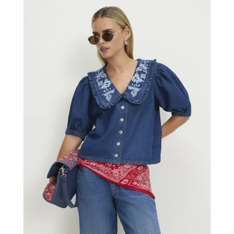 River Island Petite Embroidered Denim Shirt