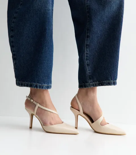 Women's Off White Faux Leather Asymmetric Strap Slingback Court Shoes Vegan