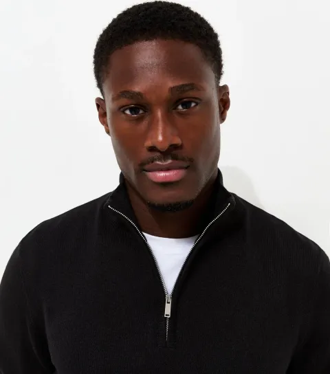 Men's Black Slim Fit Quarter Zip Funnel Neck Knitted Jumper