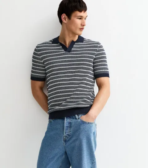 Men's Navy Geometric Knit Polo Shirt
