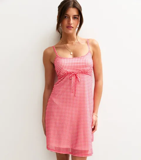 Women's Red Gingham Print Bow Trim Mesh Mini Dress