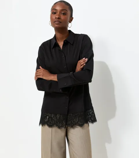 New Look Women's Black Lace Trim Longline Shirt