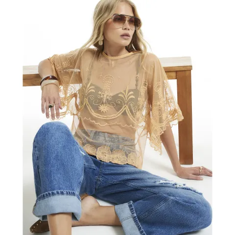 River Island Embroidered Scallop Hem Sheer Top