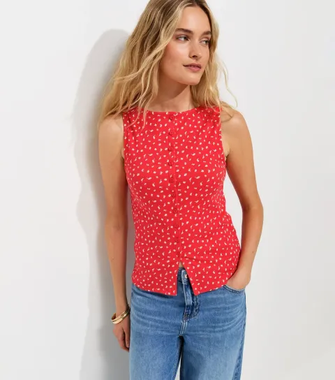 Women's Red Betsy Cotton Rich Ditsy Print Button Through Tank Top