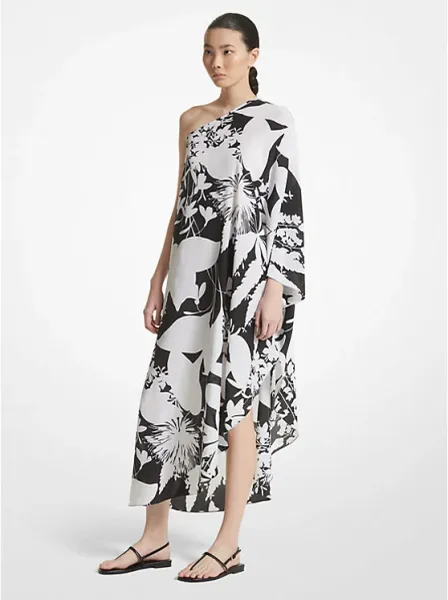 Michael Kors Shadow Floral Organic Silk Crepe De Chine One-Shoulder Caftan
