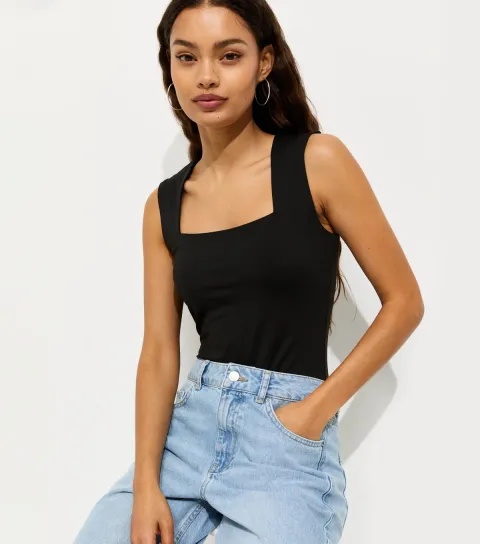 New Look Women's Petite Black Square Neck Neck Sleeveless Bodysuit