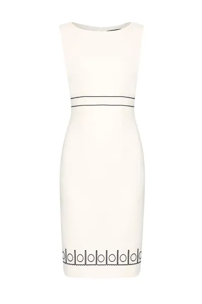 Sleeveless Ivory Faille Shift Dress with Black Embroidery Detail - Aude