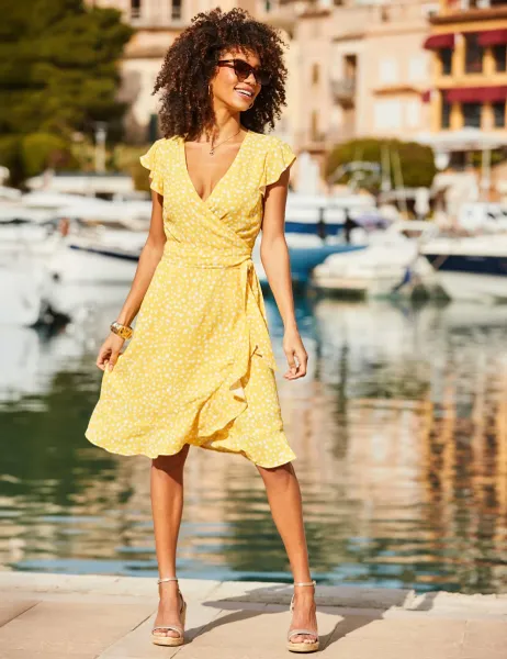 SOSANDAR Fleck Print Tie Waist Knee Length Wrap Dress Yellow Mix