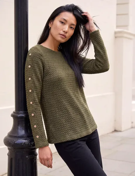 Roman Textured Round Neck Button Detail Top Khaki Mix