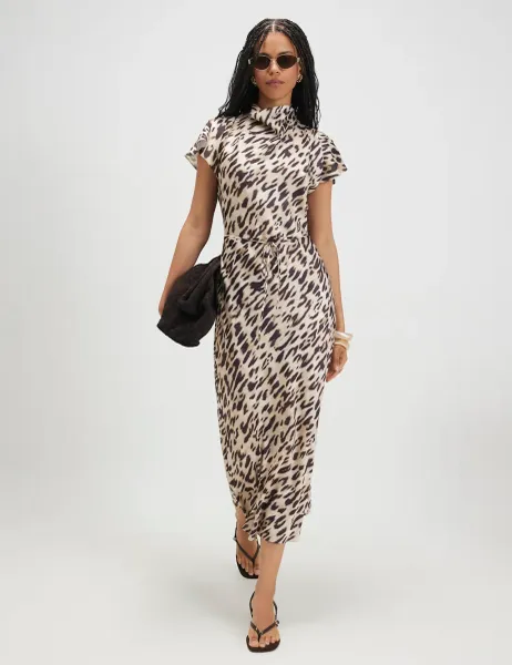 River Island Leopard Print Belted Midaxi Column Dress Beige Mix