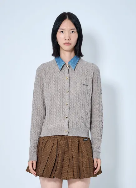 Cable Knit Cardigan with Denim Collar
