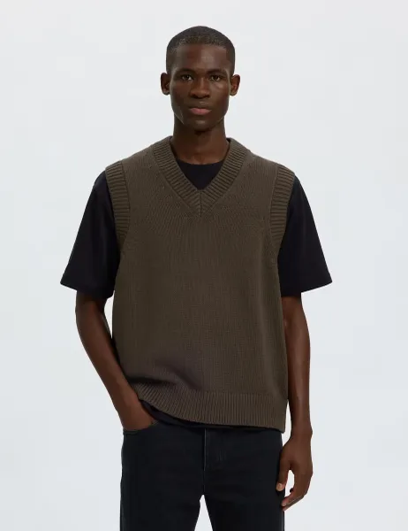 Selected Pure Cotton V-Neck Knitted Vest Dark Brown