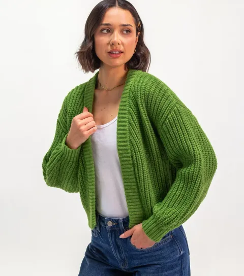 Sunshine Soul Women's Bright Green Chunky Fisherman Knit Long Sleeve Cardigan