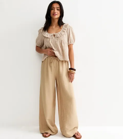 Women's Petite Stone Drawstring Wide Leg Trousers