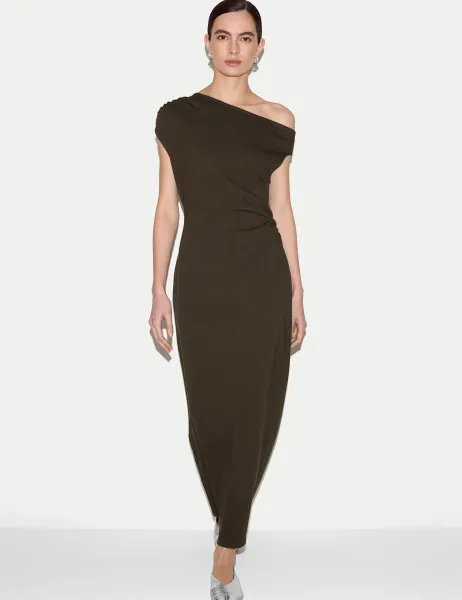 Jigsaw Pure Cotton Asymmetric Neck Midaxi Column Dress Khaki