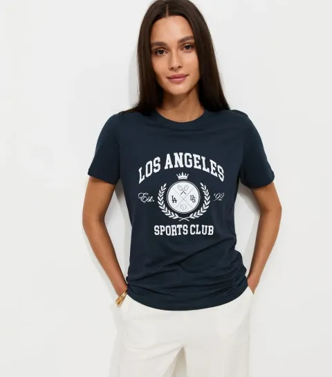 Women's Navy Cotton Los Angeles Sports Club Relaxed Fit T-Shirt