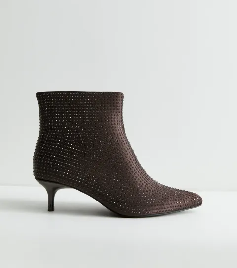 New Look Women's Wide Fit Dark Brown Gem Embellished Ankle Boots Vegan