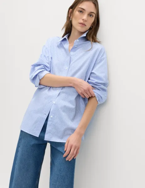 Marks & Spencer Pure Cotton Striped Oversized Shirt Blue Mix