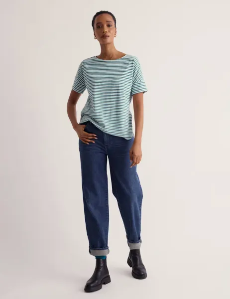 Seasalt Cornwall Pure Cotton Striped Slash Neck T-Shirt Teal Mix