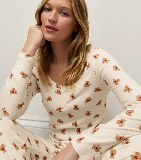 New Look Women's Cream Bear Print Pointelle Henley Pyjama Top