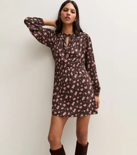 New Look Women's Brown Crepe Ditsy Print Long Sleeve Tie Neck Mini Dress