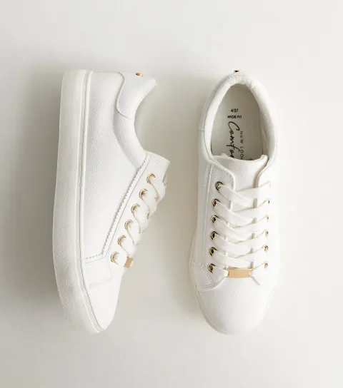 Women's Wide Fit White Faux Leather Lace Up Trainers Vegan