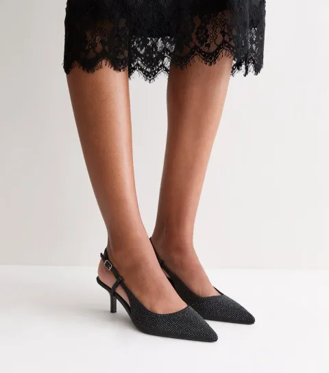 New Look Women's Black Embellished Slingback Kitten heels Vegan