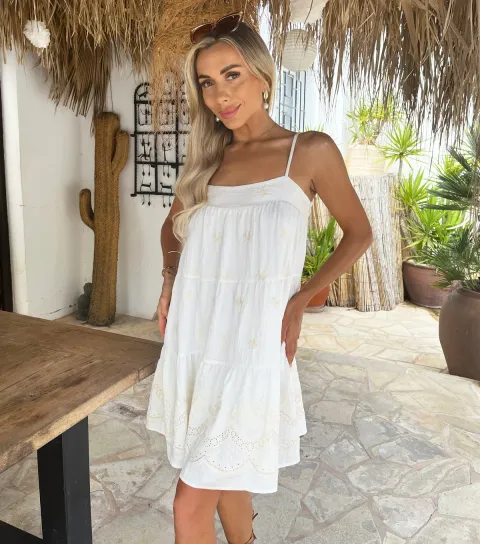 Women's Cream Embroidered Tiered Babydoll Mini Dress