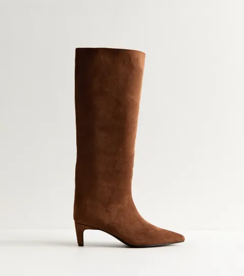 Women's Rust Faux Suede Low Stiletto Heel Knee High Boots Vegan