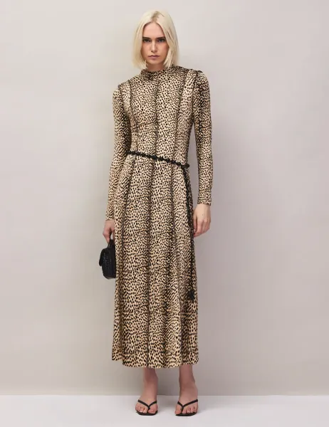 RO&ZO Animal Print High Neck Midaxi Column Dress Brown Mix