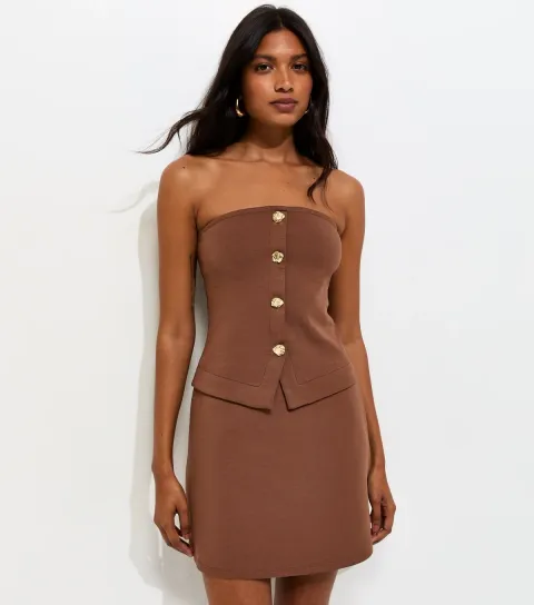 Women's Dark Brown Cotton Rich Button Detail Strapless Bandeau Top