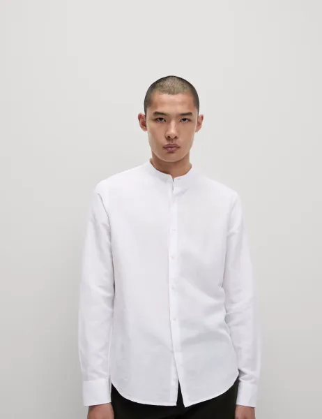 Marks & Spencer Cotton Linen Blend Grandad Collar Shirt White