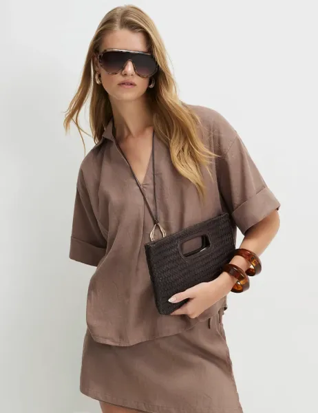 River Island Linen Blend Collared Shirt Beige